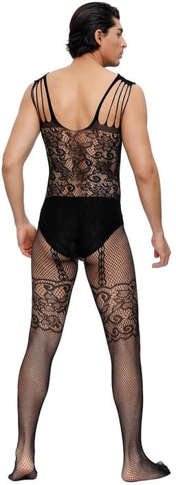 Zeloria Heren Bodystocking Visnet Catsuit – Transparante Heren Lingerie met Kant – Bodystocking voor Mannen – Mesh Stretch Bodysuit – Zwart – L/XXL — thumbnail 3