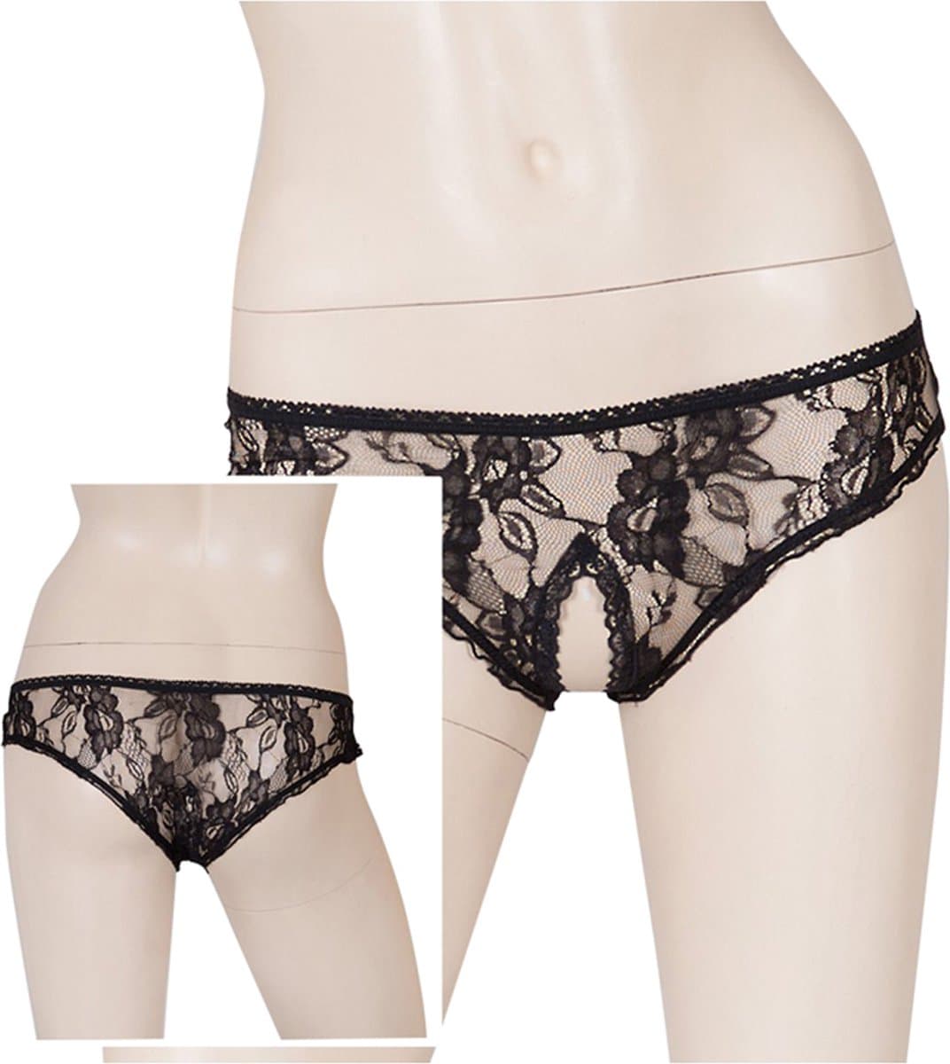 Cottelli Collection –  Slipje met Open Kruis voor Spannende Dates met Bloemen Motief – Maat S - Zwart — afbeelding 1