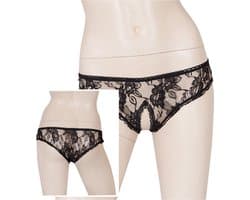 Cottelli Collection –  Slipje met Open Kruis voor Spannende Dates met Bloemen Motief – Maat S - Zwart