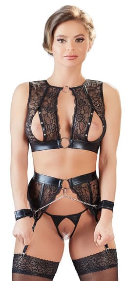 Cottelli Collection – Bondage Jarretel Set met Hand Boeien voor Onderdanig Genot – Maat S – Zwart — thumbnail 3