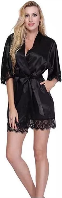 LOUZIR Sexy dames kimono - Zwart - Kant - Avondjas - Maat S/M - Satijnen badjas — thumbnail 1