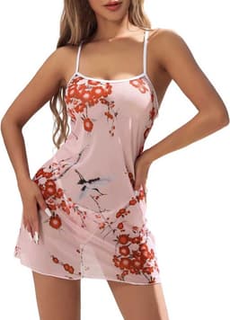 Doorschijnende Sexy Bloemen Nachtjurk - Lingerie - Pyjama- Dames - Roze — thumbnail 1