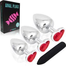 CheekyTreats Metalen Buttplug Set – 3-delig met Vibrator – Luxe Zwaar Model met Rode Kristal – Gepolijst Metaal – Voor Mannen en Vrouwen — thumbnail 1