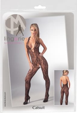 Mandy Mystery Lingerie –  Catsuit Open Kruis met Kanten Motief en Lage Decolleté voor Spanning – Maat L/XL – Zwart — thumbnail 3