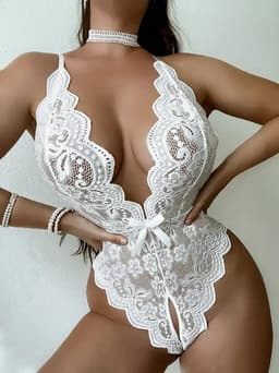 LekkerStout Kanten Bodysuit - Open Kruis - Wit - Sexy Lingerie | ( L ) | ( LS049 ) — thumbnail 1