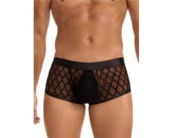 Zwarte heren boxershorts met doorzichtige mesh - maat M/L - mens sexy sheer black boxer underwear - trendy heren ondergoed erotiek - BDSM - clubwear latex mannen