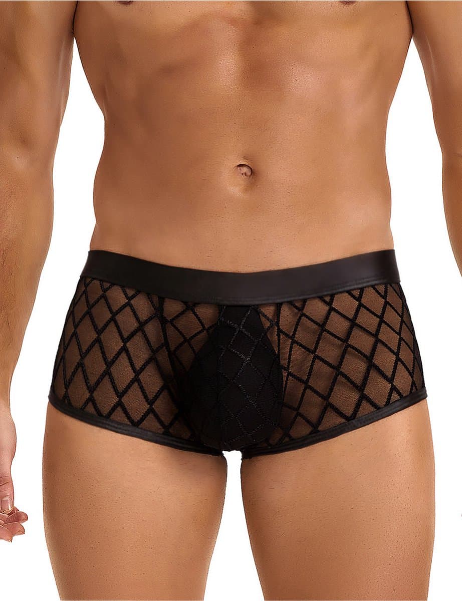 Zwarte heren boxershorts met doorzichtige mesh - maat M/L - mens sexy sheer black boxer underwear - trendy heren ondergoed erotiek - BDSM - clubwear latex mannen — afbeelding 1