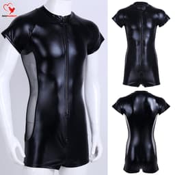 PU Lederen bodysuit man - Erotische mannen kleding - Open kruis functie - Transparante zijkanten - Korte jumpsuit voor hem - Ritssluiting - Goede kwaliteit — thumbnail 4
