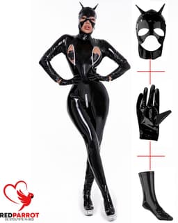 4-delige latex bodysuit - BDSM - Wetlook Lingerie Zwart - Handschoenen - Sokken - Masker - Open borsten - Rits - Jumpsuit - Catsuit — thumbnail 5