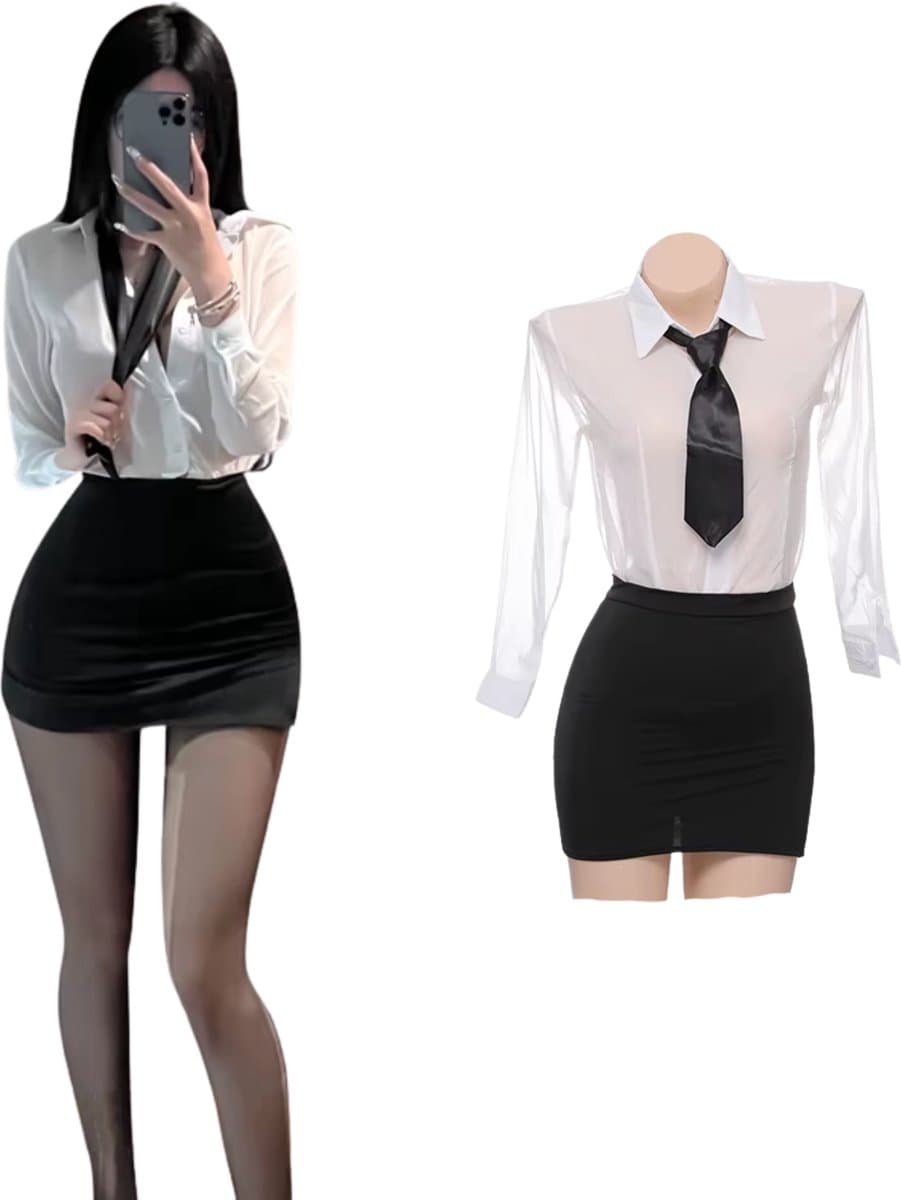 Sexy Secretaresse Kostuum - 4-delig Zwart-Wit Verkleedpakje - Blouse, Stropdas, Rok en String - Secretaresse / CEO / Baas / Docent / Lerares - Rollenspel / Cosplay - Lingerie Ondergoed voor Dames - Maat S/M — afbeelding 1