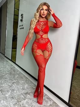 Rode netstof bodystocking voor dames - opengewerkt catsuit met handschoenen — thumbnail 4