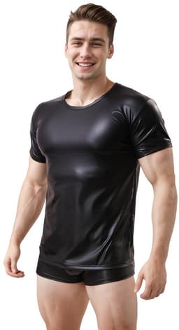 Glanzend wetlook shirt heren – maat L – strakke fetish clubwear kleding – korte mouw t-shirt voor mannen — thumbnail 3