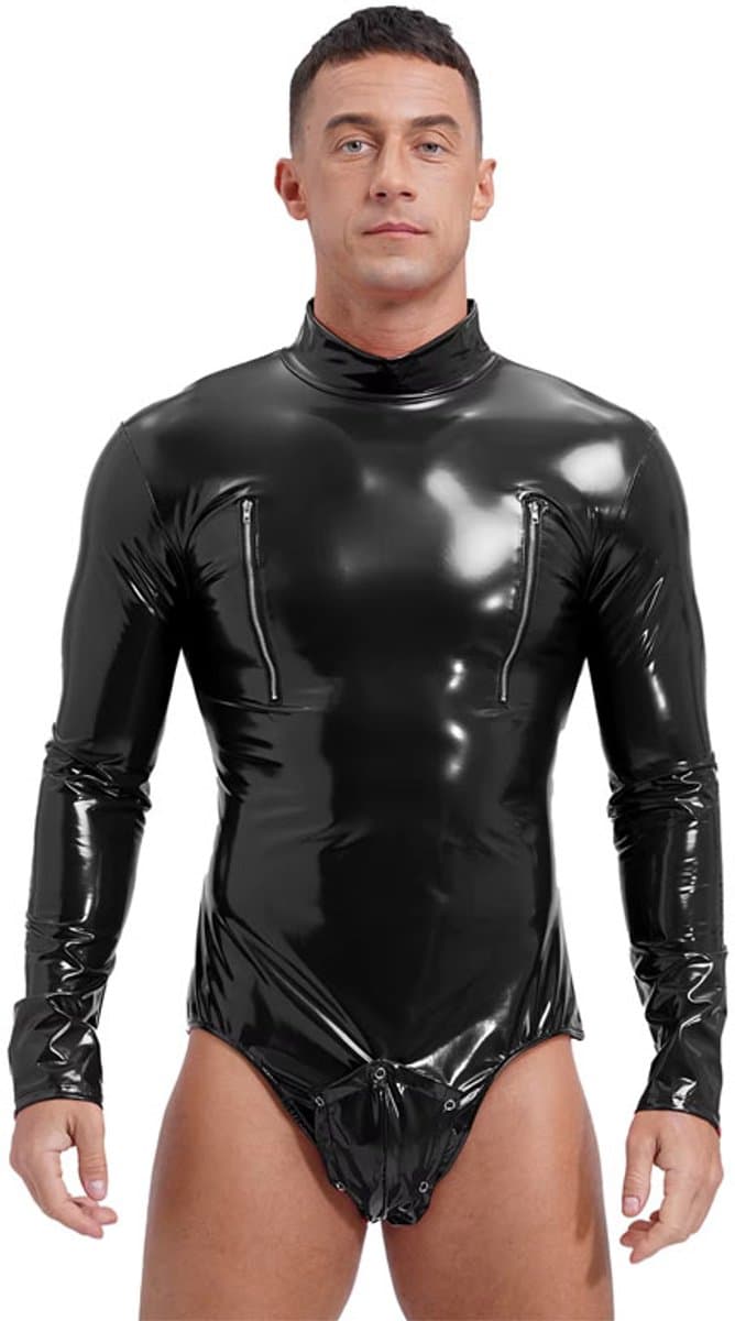 Bodysuit Lingerie Heren Lakleer - Clubwear - Rits - Catsuit - Zwart — afbeelding 1