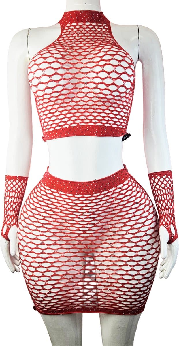 BamBella® - 3 delig - Onesize - Erotische sexy nacht rok set handschoenen steentjes Zwart doorzichtig kant - Super Stretch — afbeelding 1