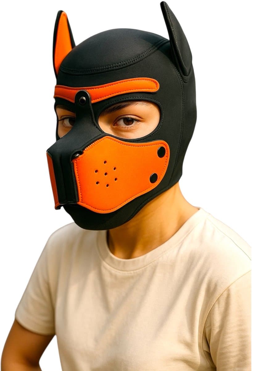Hondenmasker Oranje Zwart – Puppy Play Masker – Verstelbaar & Comfortabel – Uniseks BDSM Accessoire – Kinky Pleasure® — afbeelding 1