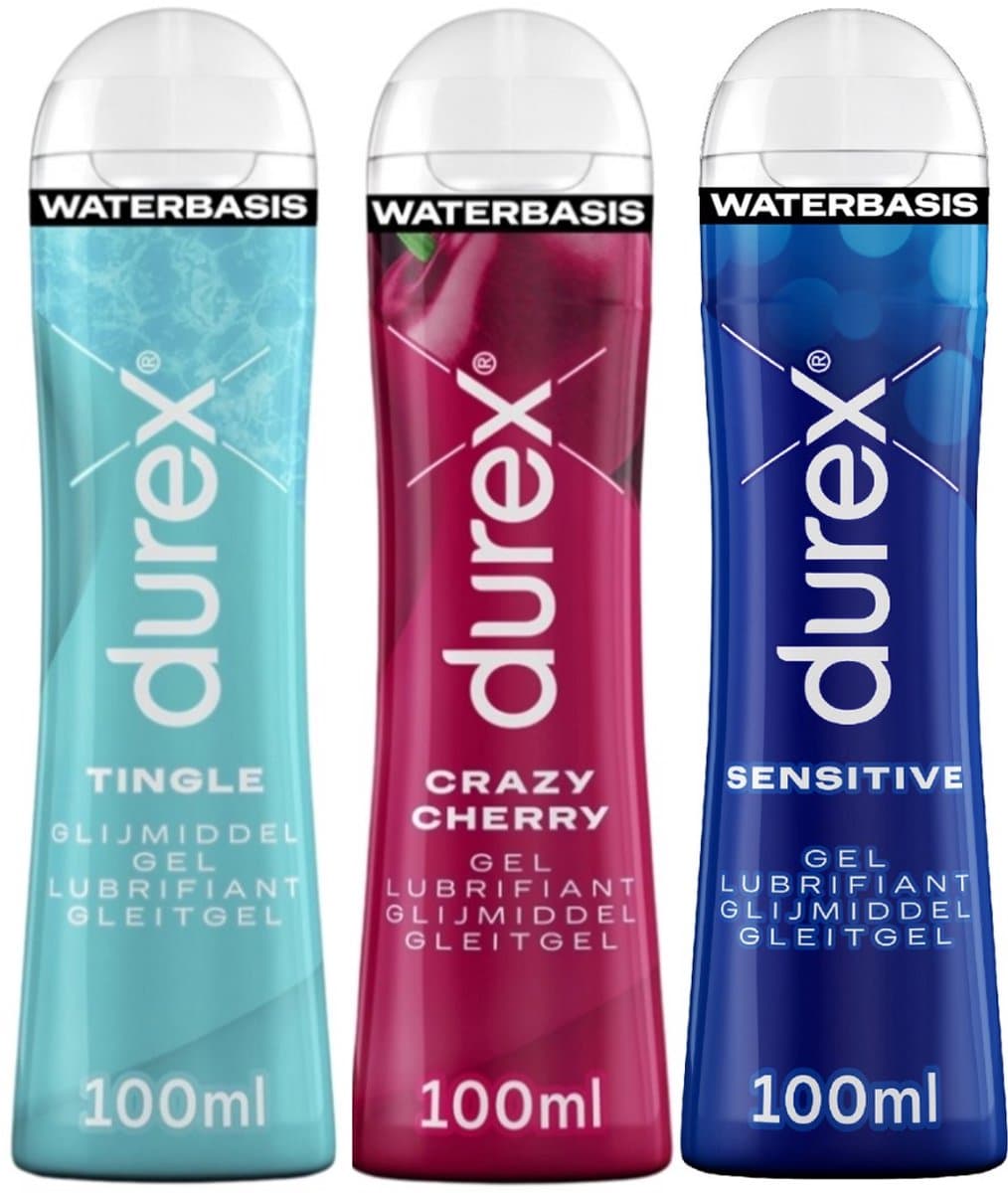 Durex - 3 Glijmiddelen - Voor Een Sensuele Aanraking - Waterbasis - Crazy Cherry 100ml- Tingle gel 100ml - Sensitive 100ml — afbeelding 1