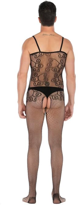 LekkerStout Heren Bodystocking - Zwart - Kant & Visnet - Open Kruis - One Size M–XL | LS116 — thumbnail 4