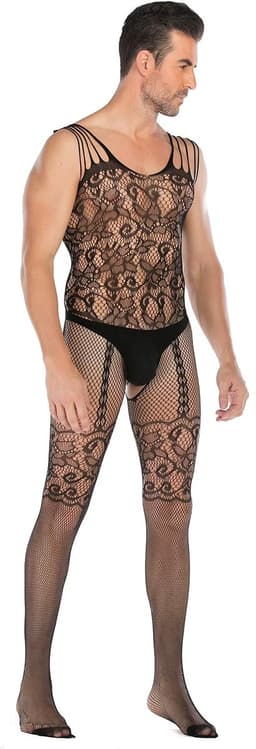 LekkerStout Heren Bodystocking - Zwart - Kant & Jarretel Look - Open Kruis - One Size M-XL | LS089 — thumbnail 4
