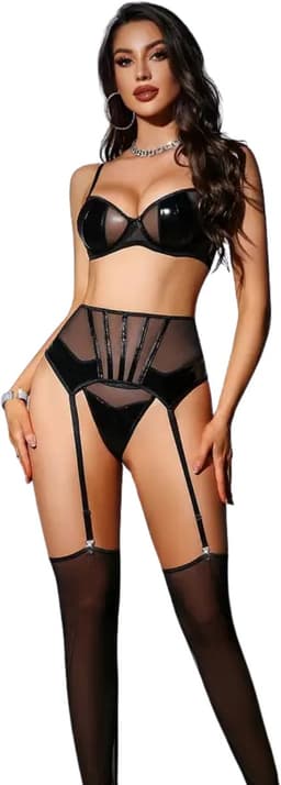 Sexy lingerie Set – Erotische Lingerie Dames – Zwart – Luxe Jarretelset met BH, Slip en Jarretels – Lak & Mesh Lingerie Erotisch Dames – Latex – PU – Kinky – Clubwear – Boudoir Lingerie – 3-delige set – Dare to Undress – Maat XS/S, M & L — thumbnail 4