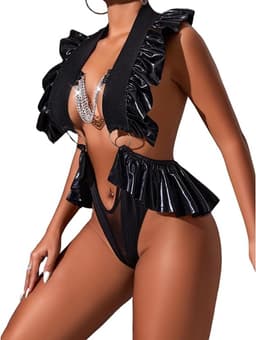 Sexy Lingerieset Dames – Erotische Lingerie – Cut-Out Wetlook Bodysuit met Ketting – Clubwear voor Wasteland, B.I.T.C.H. en Fetish Events – Zwarte Cut-Out Teddy – Open Design met Ruches – Dare to Undress – Liquid Vixen – One Size – Maat S, M, L, XL — thumbnail 1