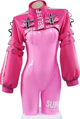 Luxe PU lederen cosplay set - Erotisch rollenspel - 5-delig - Roze - Bodysuit - Jas - Handschoenen - Sokken - Hairpins — thumbnail 1
