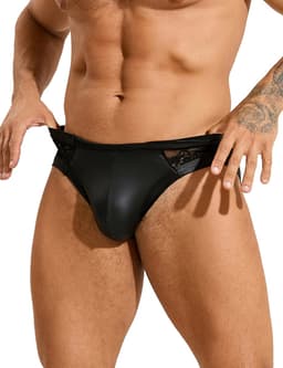 Sexy heren slips van leer en kant - maat S/M - BDSM - black sexy leather lace men underwear - clubwear heren latex ondergoed erotiek mannen — thumbnail 2