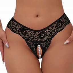 Sexy Kanten String met Parels & Open Kruis - Maat XL - Zwarte Crotchless Erotische Lingerie met Stimulerende Parelketting — thumbnail 1