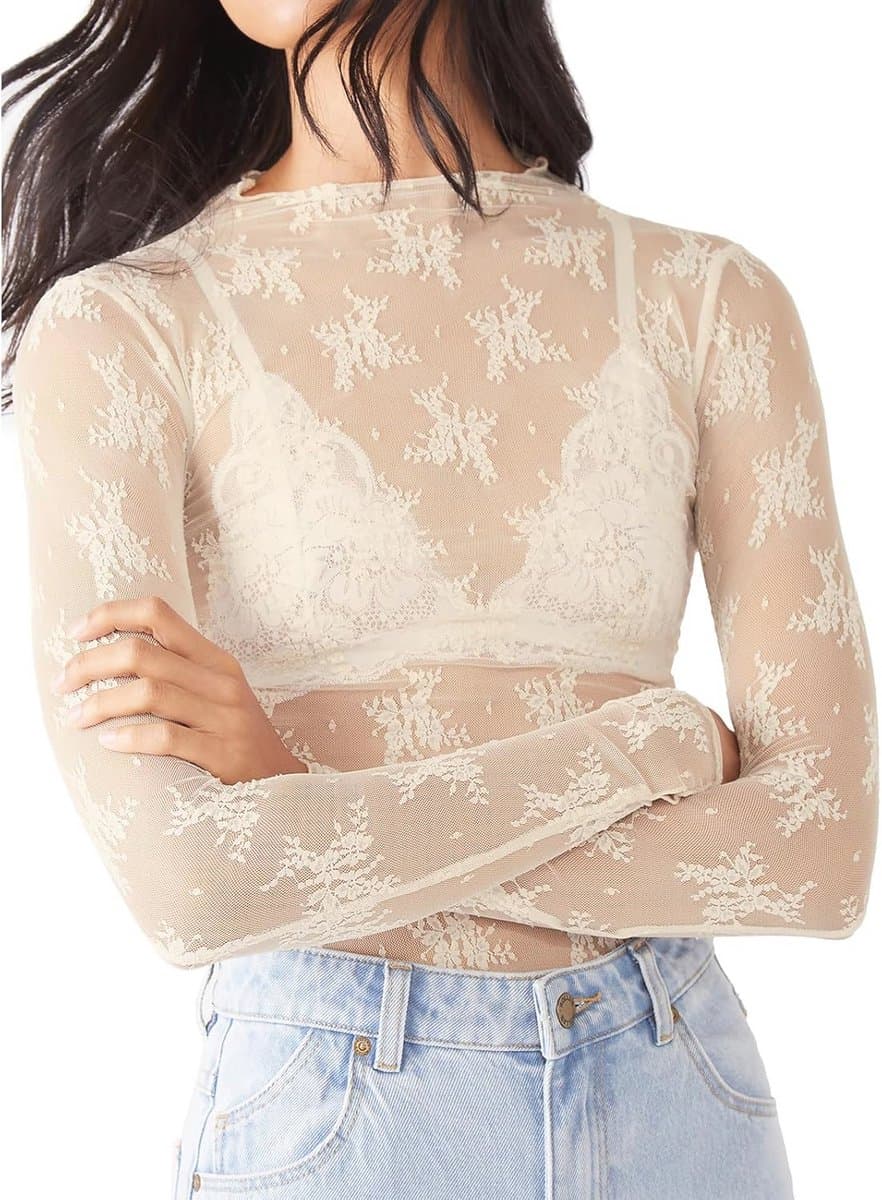 Transparant Chic Dames T-shirt met Lange Mouwen - Crop Top met Hoge Kraag voor Avond en Clubwear — afbeelding 1