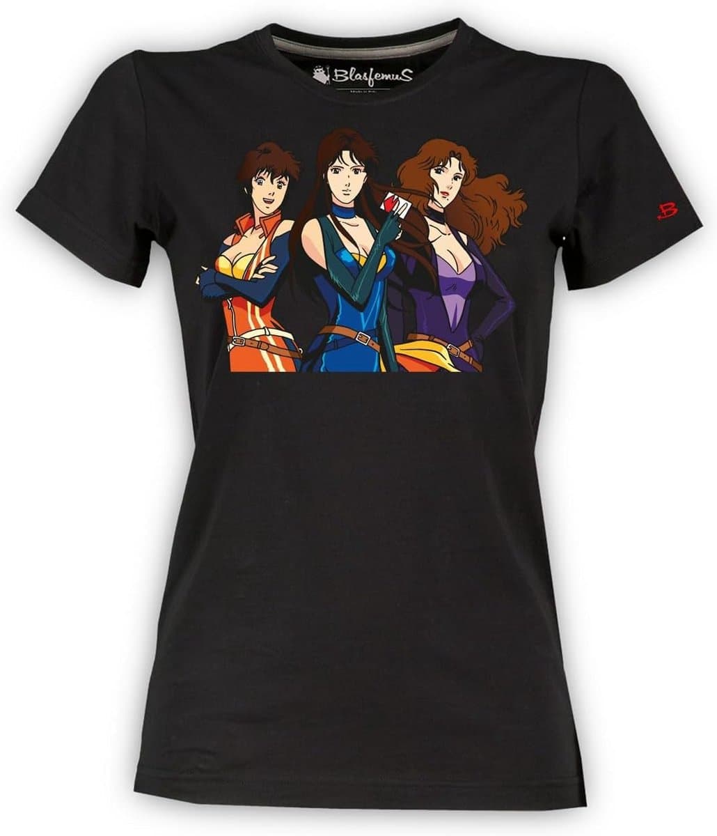 Dames T-shirt Zwart met Retro Kattenogen Cartoon Print | Maat L — afbeelding 1