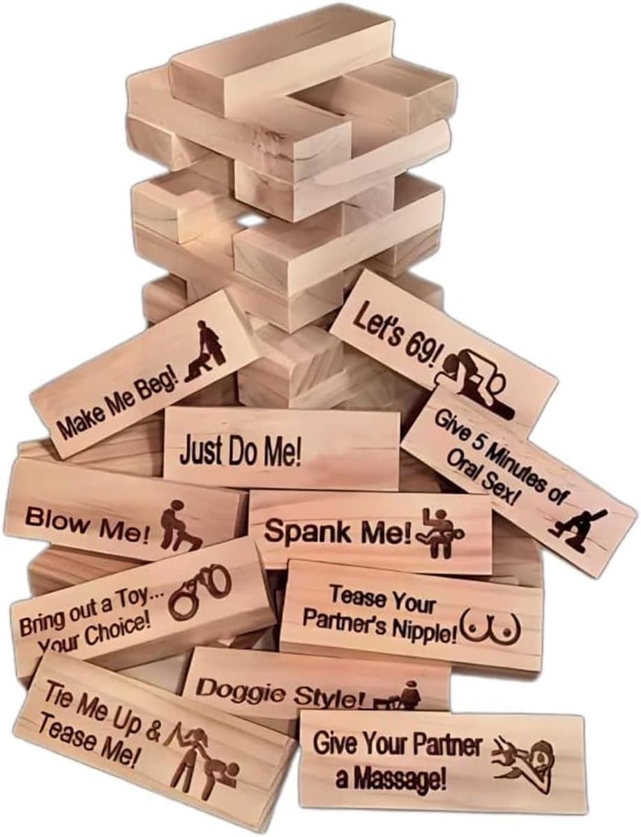 Blokkentoren spel - Date night - Koppels spel - 48 bedrukte blokken - 7x2.2x1.2 cm - Hout — afbeelding 1