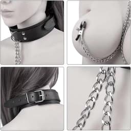 DOWO® - Halsband met tepelklemmen – Halsband - Body Bondage - Kunstleer - Sexy Lingerie - Erotiek Riem – SM - BDSM - Sex Toys voor Koppels - Seksspeeltjes voor mannen en vrouwen — thumbnail 4
