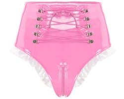 BamBella® Slip Onderbroek - Maat L/XL - Erotische Sexy BDSM Lingerie Dames - Roze rits ondergoed Datex mix latex en stof wetlook open kruis