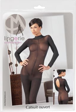 Mandy Mystery Lingerie –  Catsuit met Open Rug en Kruis met Kant Afgewerkt Kraag – Maat S/M - Zwart — thumbnail 2