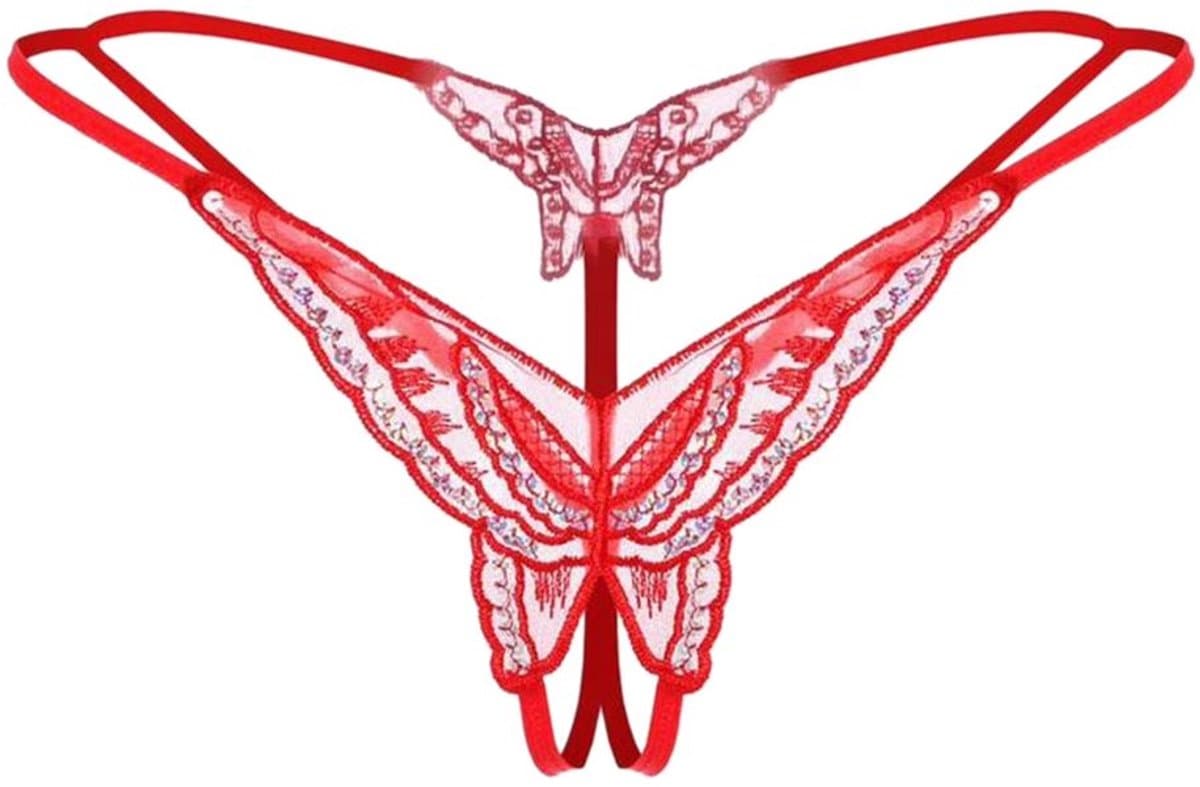 String - Vlinder slipje - Lingerie - Open kruis - Sexy lingerie - Butterfly - Peek-a-boo string - Ondergoed - Onderbroek - One size - Elastisch - Rood - Jonyx — afbeelding 1