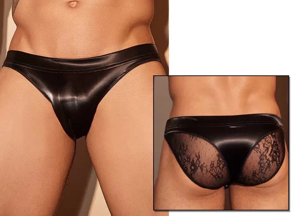 Strakke Lederen Sexy Slip Heren - Zwart - Stijl van Lederen en Lace - Haaienhuid - Lingerie voor Mannen - Onderbroek - Ondergoed - Zeer elastisch - Erotisch en sexy - Slip - Sexy - Boxershort - Zacht en comfortabel — afbeelding 1