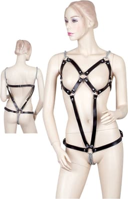 ZADO – Lederen Bondage Body Harnas met Open Vormen en Metalen Schaamlip Spreider – Zwart — thumbnail 4