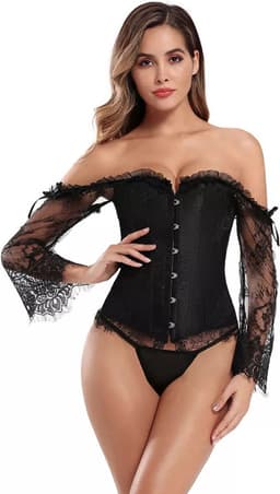 Corset Dames Zwart Kant – Off Shoulder Sexy Lingerie – Lange Mouwen — thumbnail 1