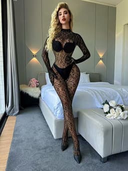 Luxe Dames Bodystocking – Naadloze Kant Catsuit met Lange Mouwen – Verleidelijke Nachtmode – Zwart — thumbnail 4