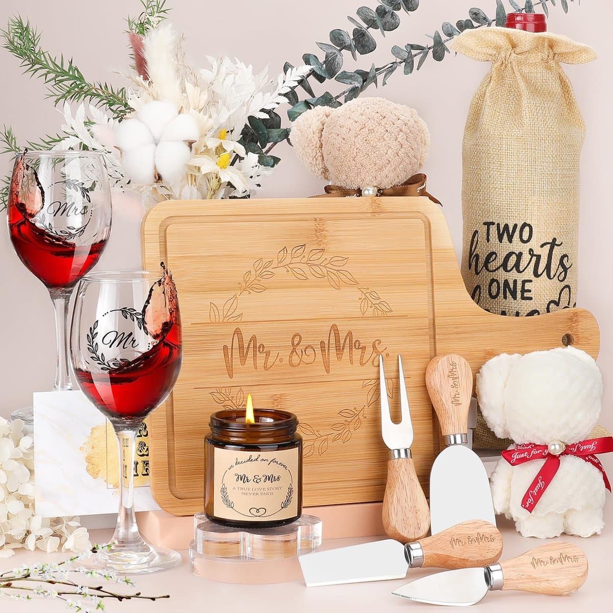 Bruidspaar Cadeauset - Huwelijksgeschenken - Feestelijke Gelegenheden - Gegraveerde Glas & Bamboe - 30x9.9cm - Wit — afbeelding 1