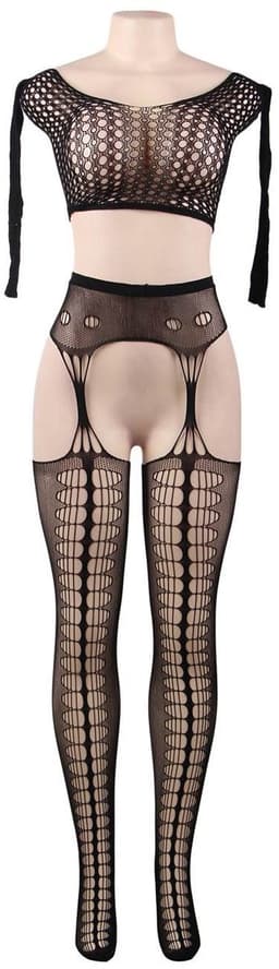 Zeloria 2-Delige Bodystocking Set – Sexy Lingerie met Top & Jarretelle Kousen – Open Kruis – Zwart – L-XXL (Plus Size) — thumbnail 5