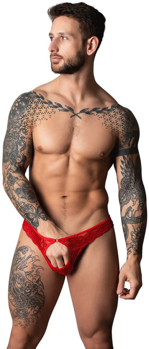 Male Power Sexy Open Ring Thong met Kobalt penisring - Rood - Maat L/XL — afbeelding 1