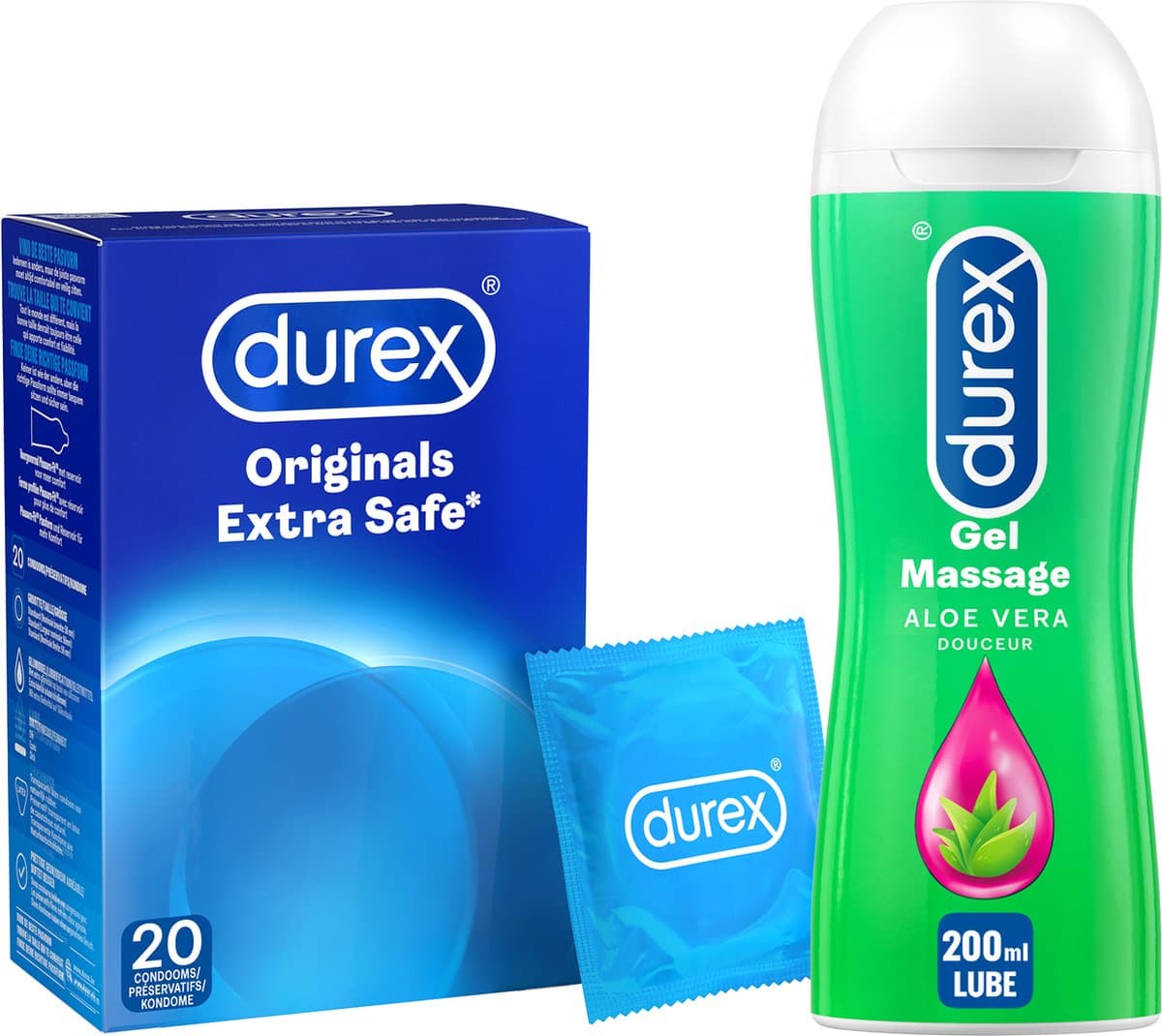 Durex - 20 stuks Condooms - Extra Safe - 200 ml Glijmiddel - Play Massage 2/1 Aloe - Voordeelverpakking — afbeelding 1