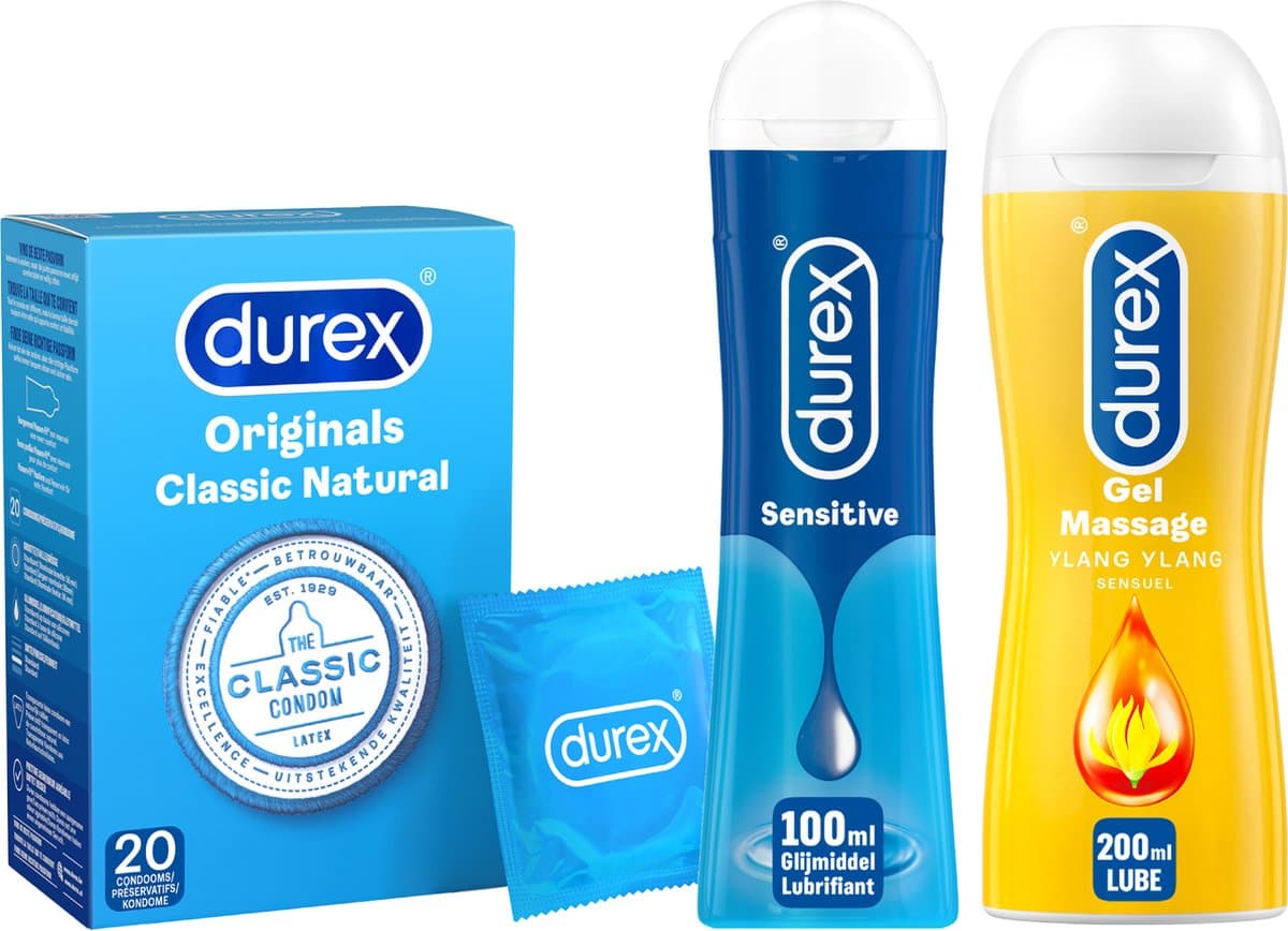 Durex - 300ml Glijmiddel - Play Massage 2/1 Sensitive 200ml - Sensitive Gel 100ml - 20 stuks Condooms - Classic Natural - Voordeelverpakking — afbeelding 1