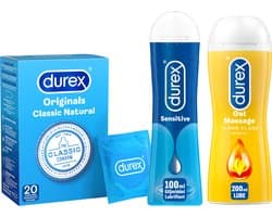 Durex - 300ml Glijmiddel - Play Massage 2/1 Sensitive 200ml - Sensitive Gel 100ml - 20 stuks Condooms - Classic Natural - Voordeelverpakking