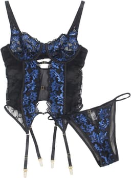 Zeloria Dames Bustier Lingerie Set met String – Zwart/Blauw Kant – Transparante Mesh – Beugelcups – Jarretels – M — thumbnail 5
