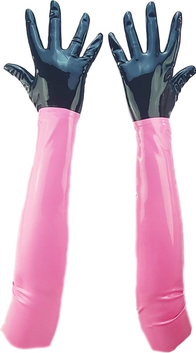 BNDGx® - 100% LATEX Handschoenen Lang Zwart roze BDSM SM sexy glans handschoen met rits BDSM Rubber Fetish SM rollenspel kleding — afbeelding 1