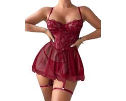 Luxe Dames Babydoll Lingerie Set – Kant & Mesh Nachtjurkje met Jarretels – Verleidelijke Nachtmode – Bordeaux