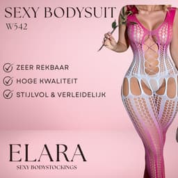 Elara - Seliora - Bodystocking Erotische Lingerie met Open Kruis - Catsuit - S t/m XL - Sexy Dames Lingerie - Roze/Wit — thumbnail 2