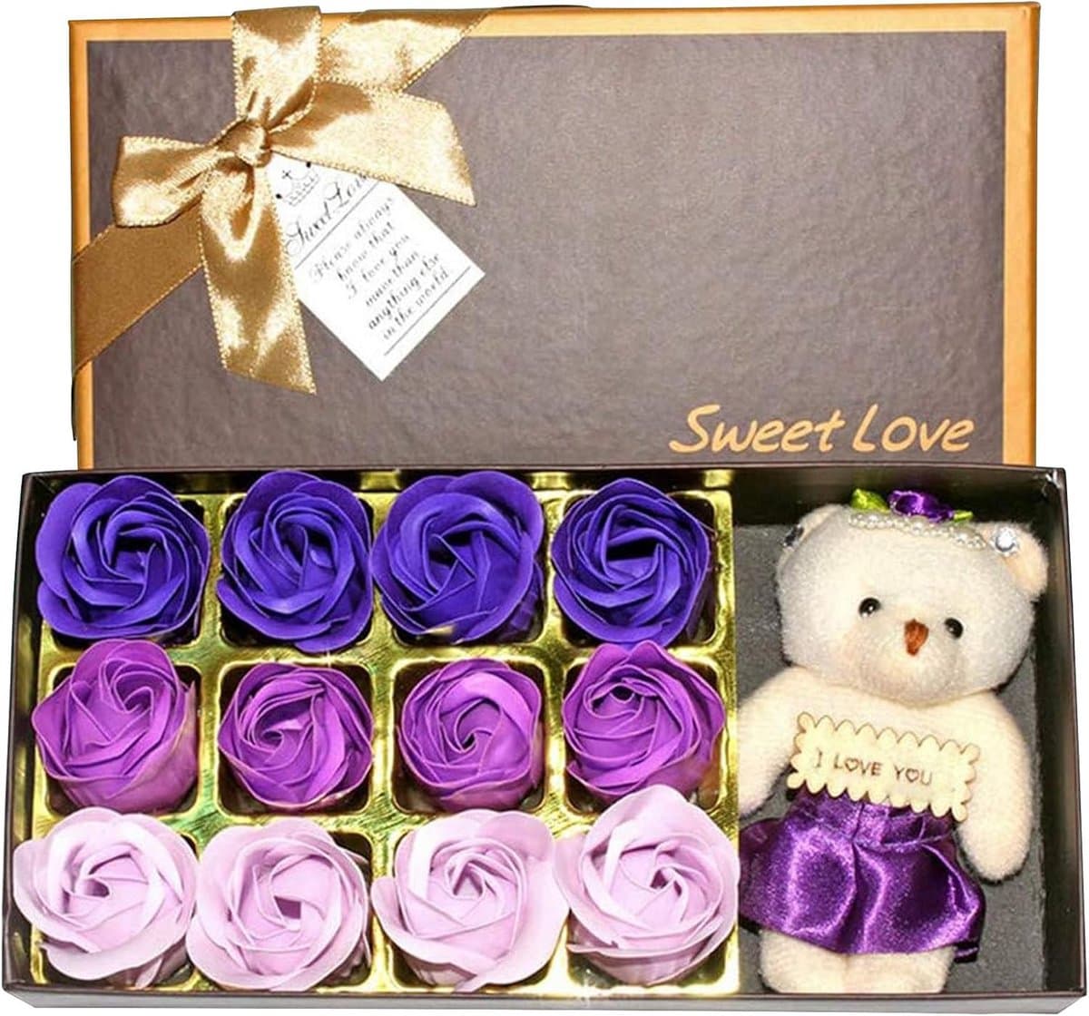 Geschenkset Rozenblaadjes Teddybeer en Zeepbloemen - Romantisch Cadeau voor Valentijnsdag en Jubileum (Paars) — afbeelding 1