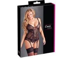 Cottelli Plus Size – Sexy Jarretel Set met Licht Transparante Motieven en Open Kruis – Maat 4XL – Zwart